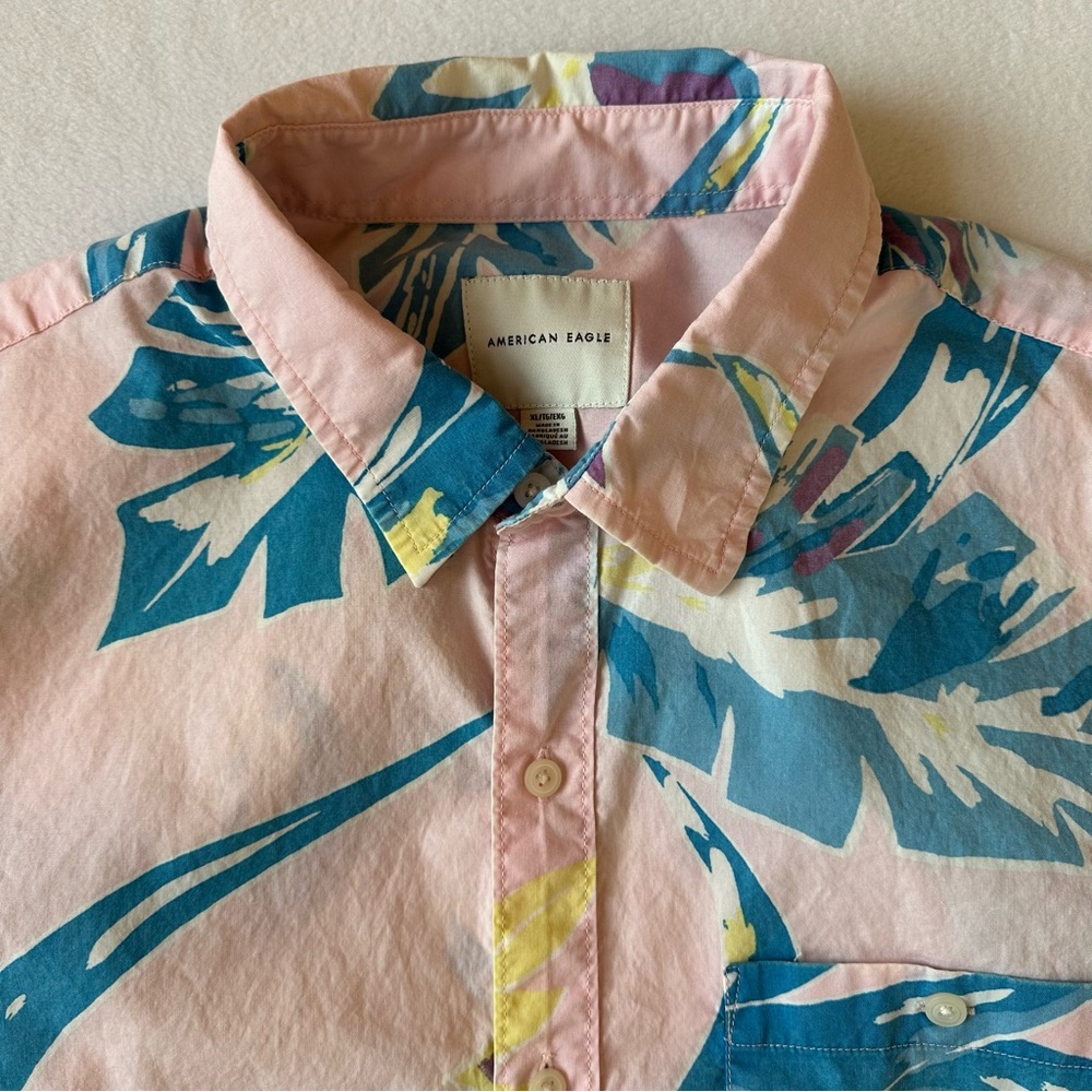 American Eagle Hawaiian Button Down Shirt Pink Blue Cotton Short Sleeve Men’s XL - Picture 5 of 9